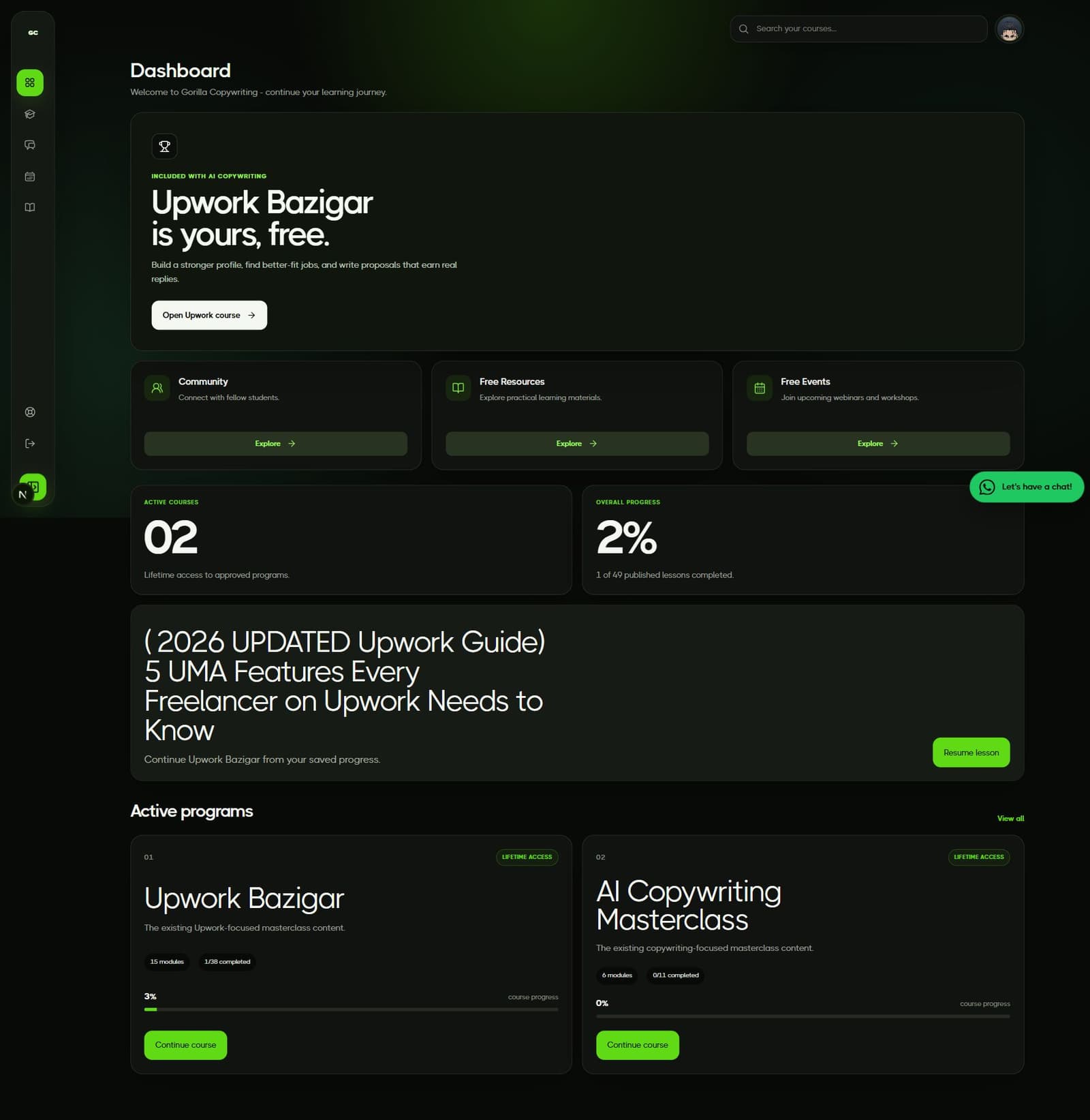 Gorilla Copywriting student dashboard showing enrolled courses, progress, and recent learning activity.