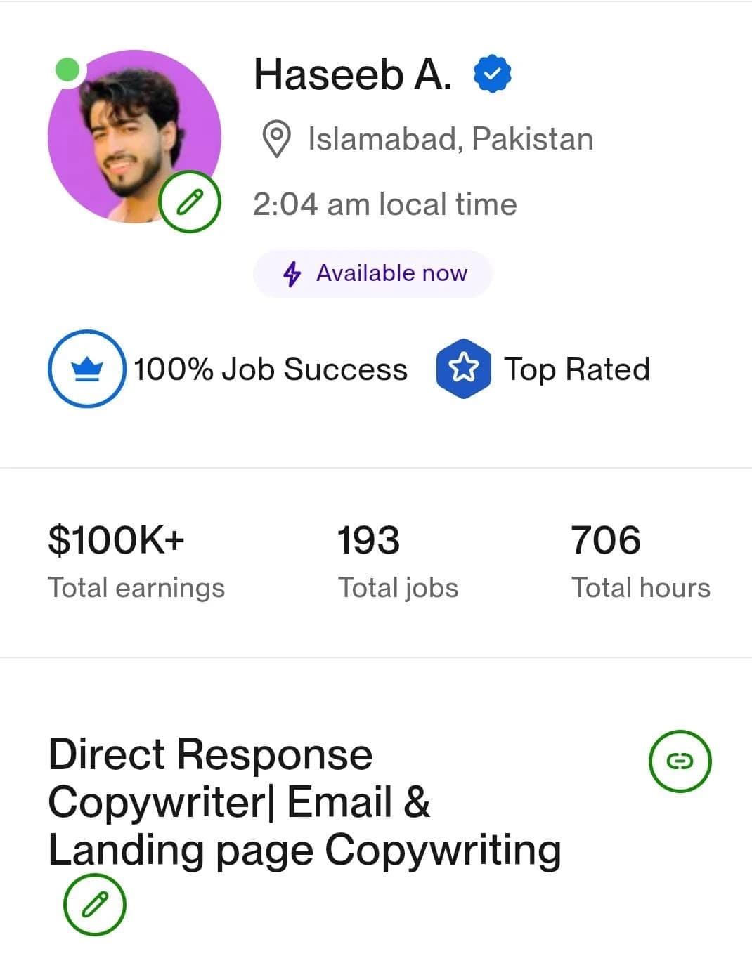 Upwork profile showing more than $100K earned