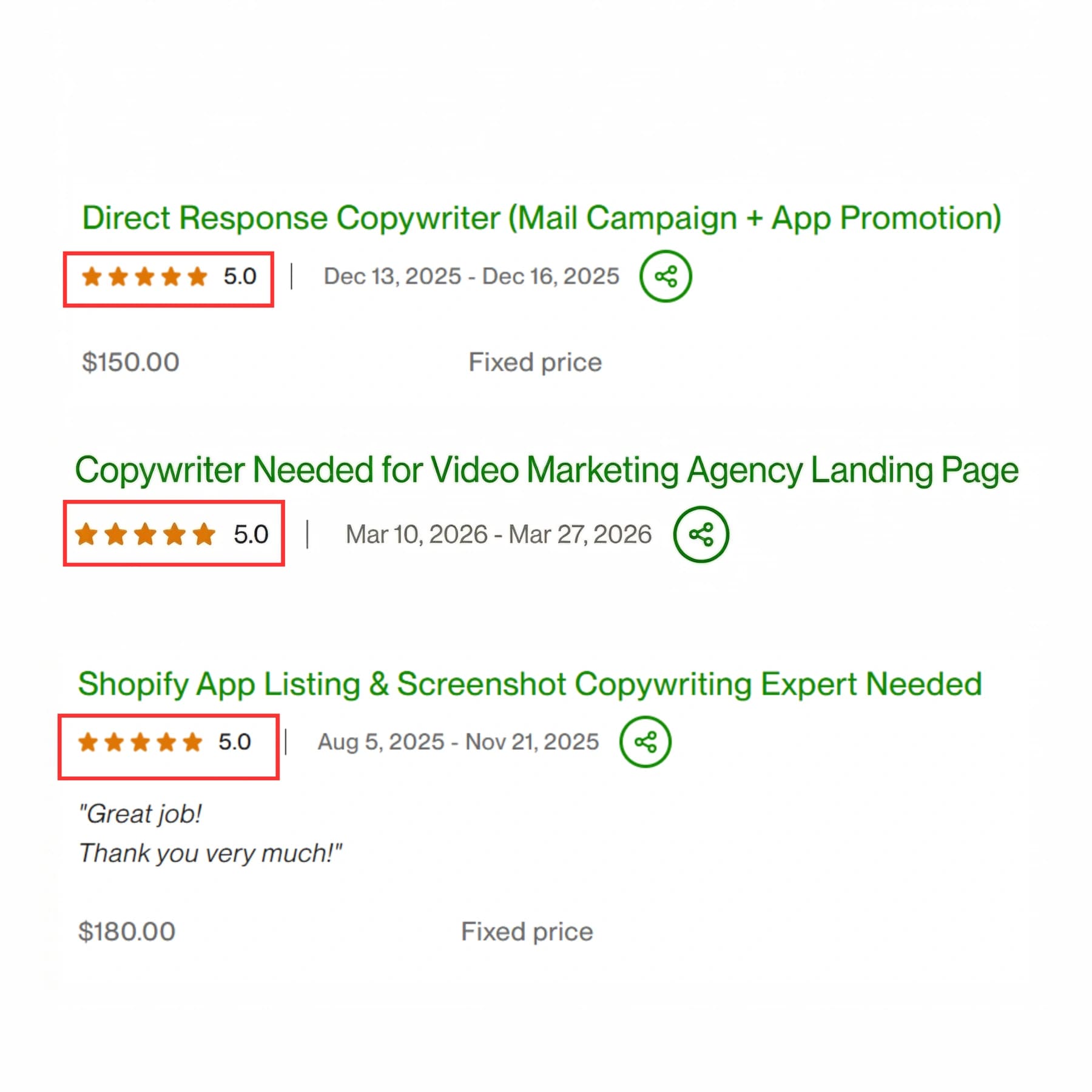 Upwork project history showing multiple direct-response and landing-page copywriting contracts rated five stars.